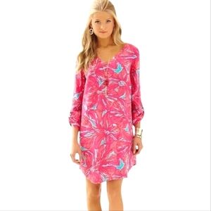 Lilly Pulitzer Arielle 3/4 Sleeve Pink Blue Sea Floral Shift Dress